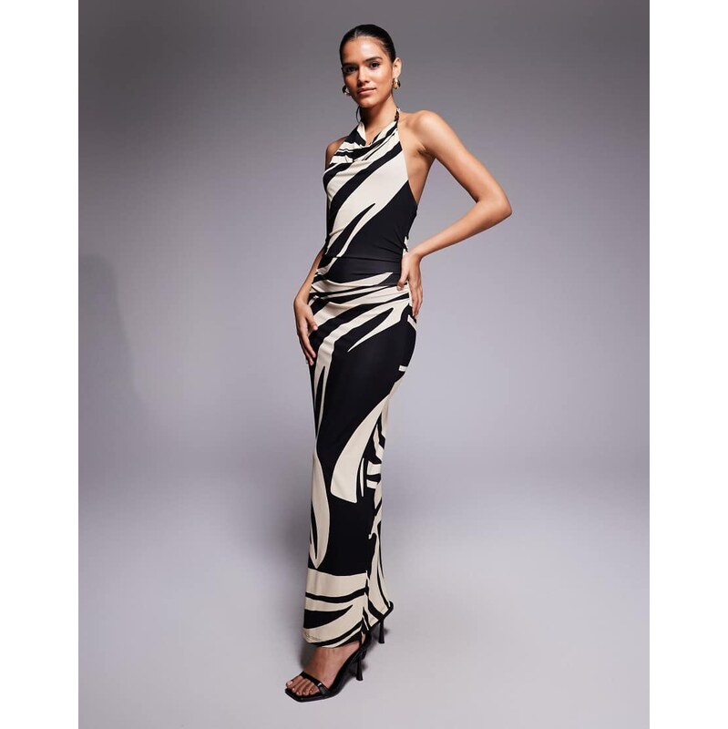 Forever New slinky high cowl halter neck maxi dress in black abstract 110805365