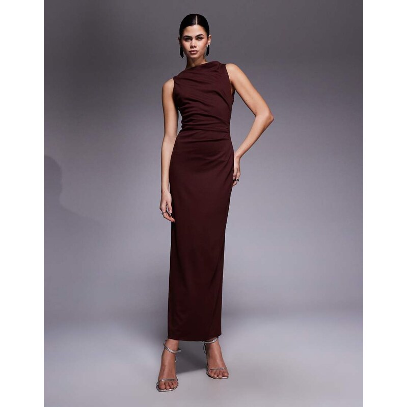 ASOS DESIGN slash neck ruched midi dress in chocolate-Brown