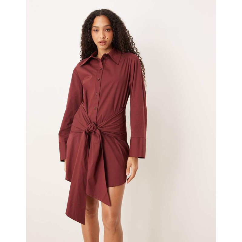 ASOS DESIGN shirt mini dress with wrap front detail in burgundy-Red