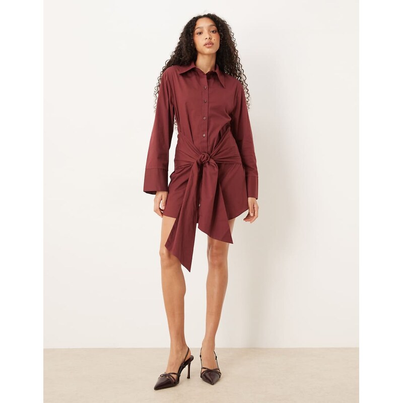 ASOS DESIGN shirt mini dress with wrap front detail in burgundy-Red