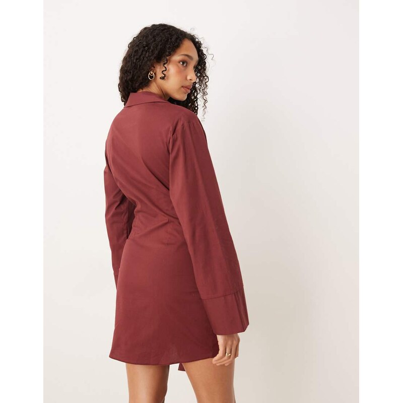 ASOS DESIGN shirt mini dress with wrap front detail in burgundy-Red