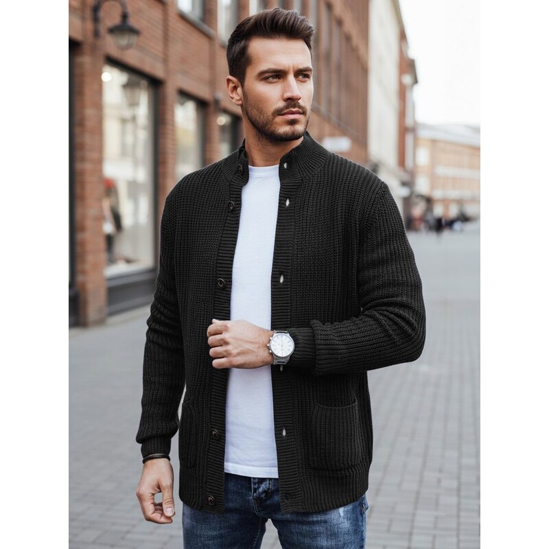 Dstreet Stylový černý svetr pro muže se zapínáním na knoflíky