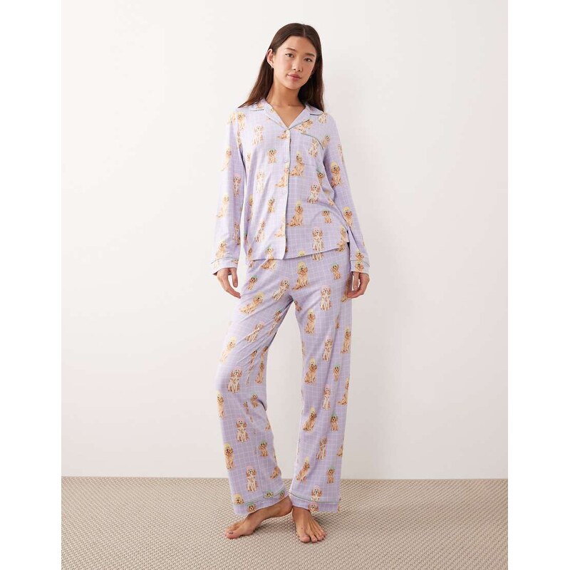 Chelsea Peers long button up pyjama set in lilac spa dog print-Purple 111059873