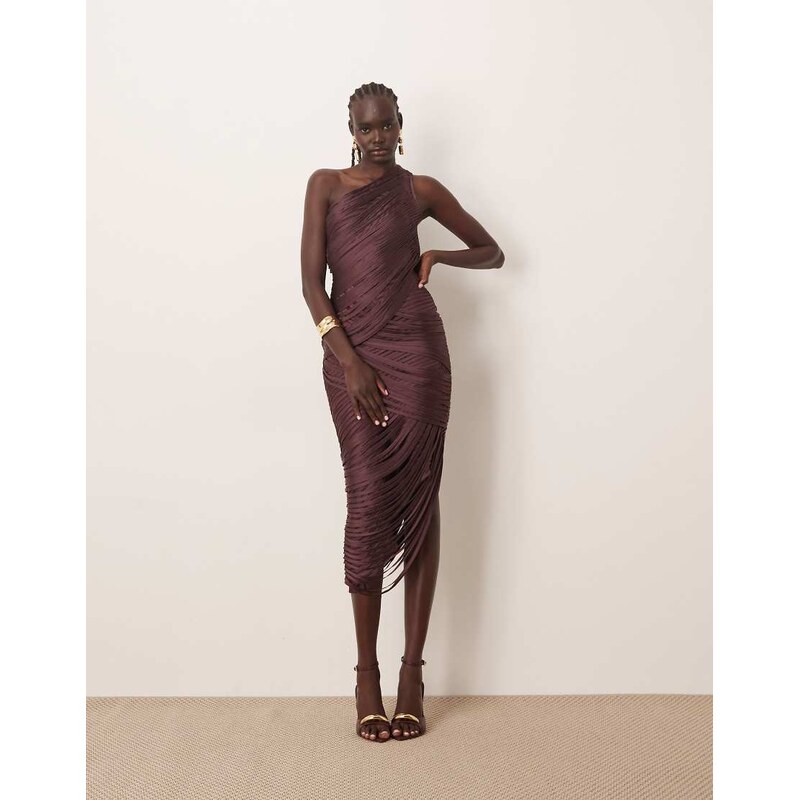 ARRANGE asymmetric draped fringe one shoulder midaxi dress in burgundy 110817562