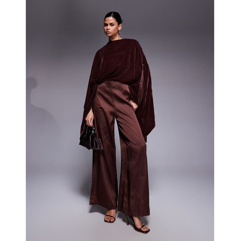 ASOS DESIGN velvet bodice satin wide leg jumpsuit in chocolate-Brown 111131746