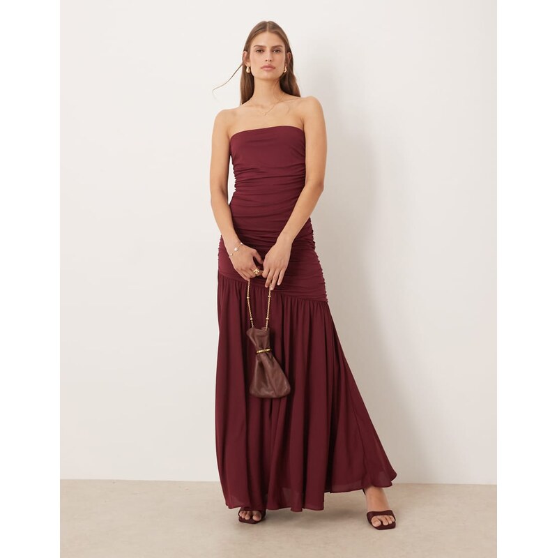 SNDYS mesh asymmetric drop waist ruched detail maxi dress in