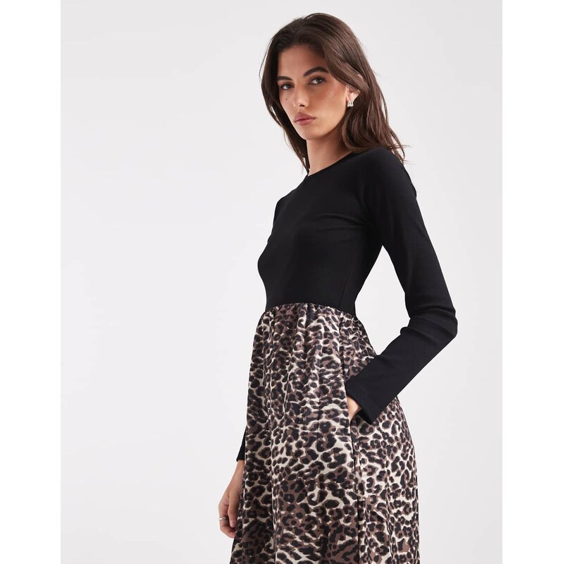 Threadbare long sleeve midi dress with contrast leopard print skirt in 110817541
