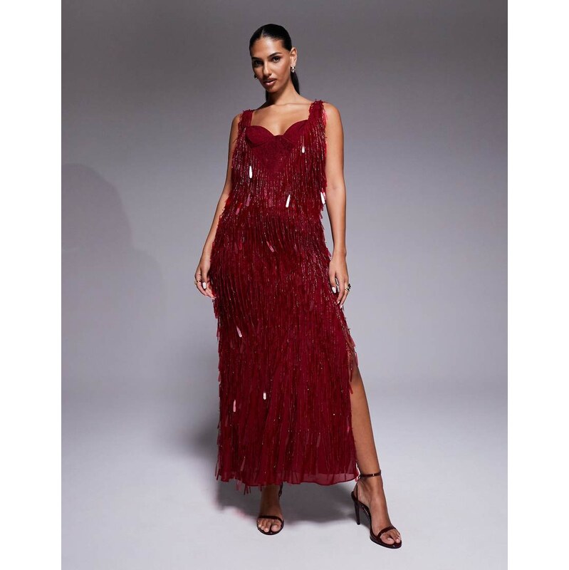 ASOS DESIGN fringe embellished cowl neck maxi dress with lace