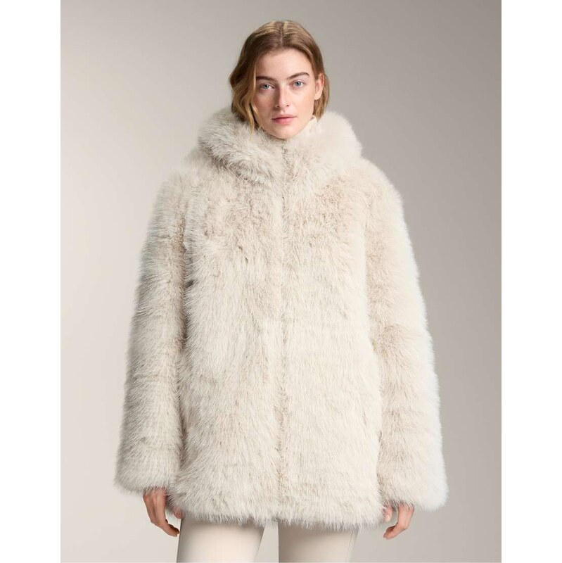OYSHO Faux fur hooded jacket in oatmeal-White 110817686