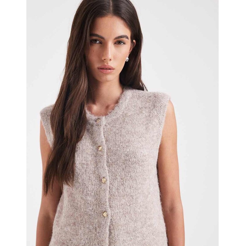Object gold button front detail knitted vest co-ord in hummus melange 110817730