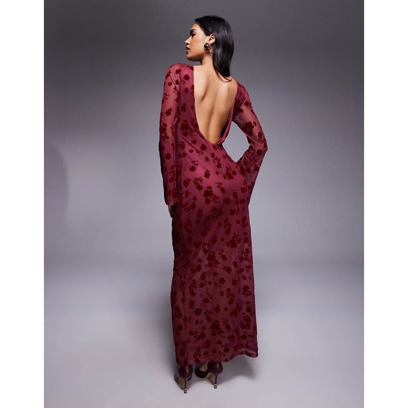 ASOS DESIGN floral flock maxi dress with flute sleeve detail in