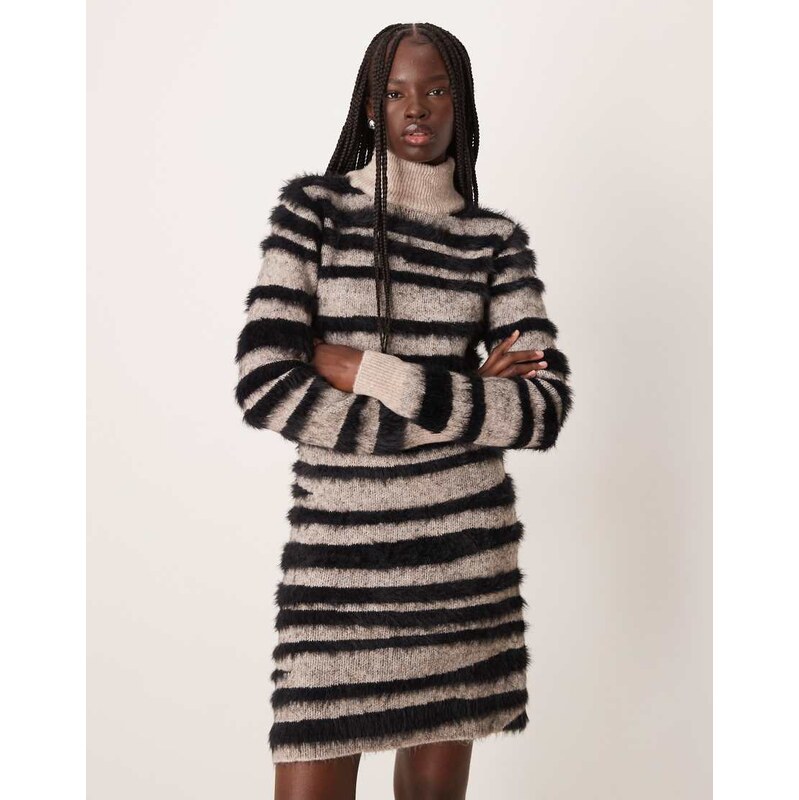 Vila zebra textured knitted mini dress in natural melange