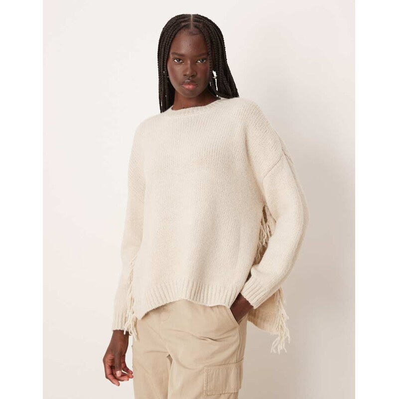 Vila fringe detail knitted jumper in cream-White 110817591