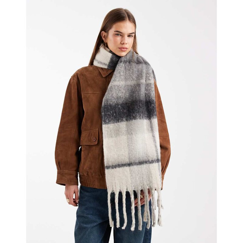 Pieces super soft long tassle scarf in neutral check-Multi