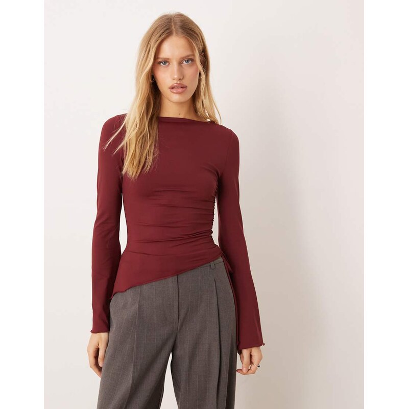ASOS DESIGN drawstring detail top with flute sleeve in burgundy-Red