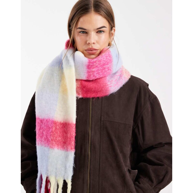 Pieces super soft tassel scarf in bright multicoloured check