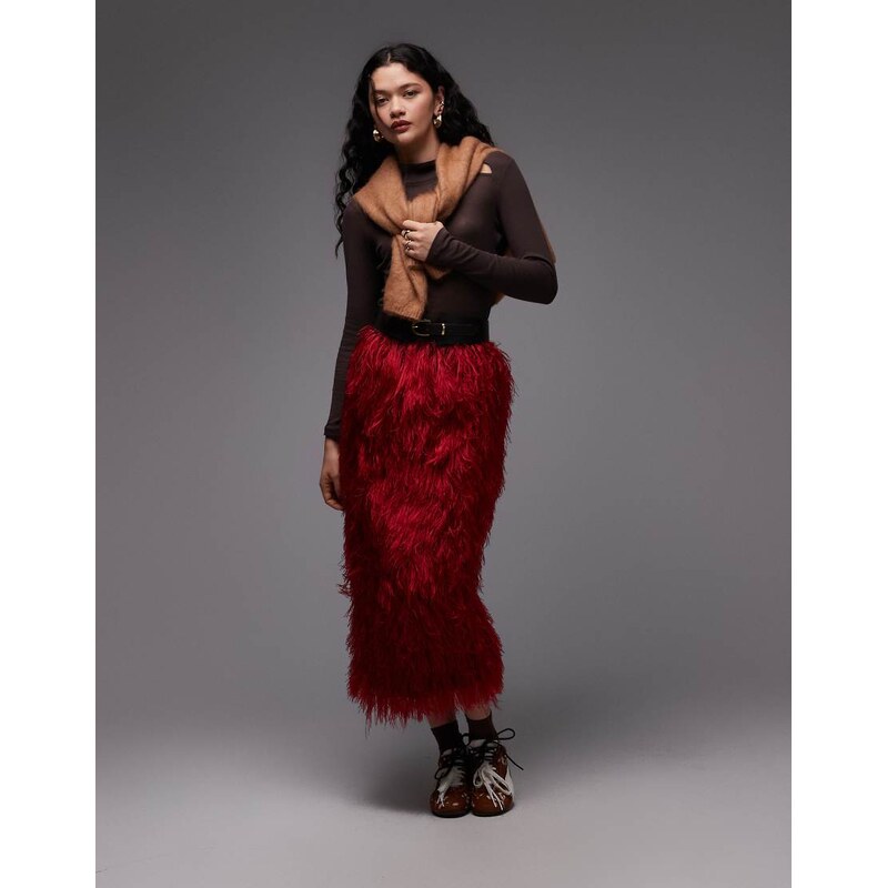 ASOS DESIGN 3D fringe pencil midi skirt in red 110817656