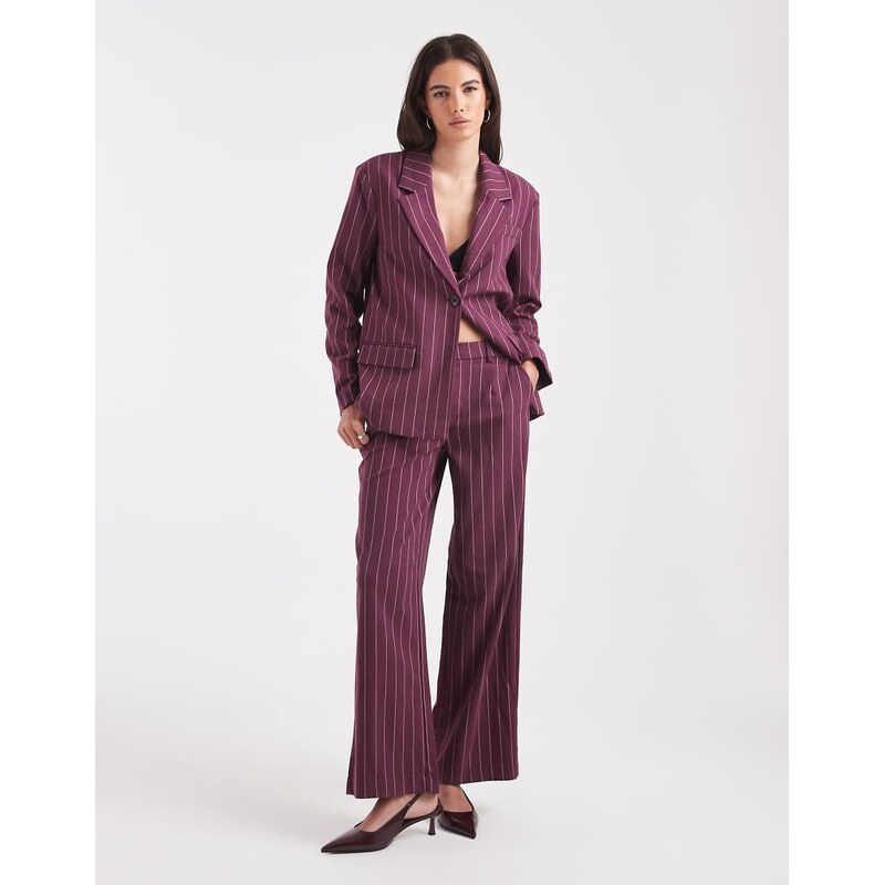 Object wide leg tailored trouer co-ord in burgundy pinstripe 115517391