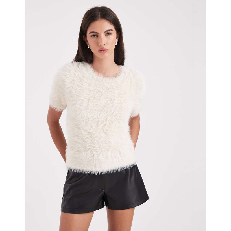 Vero Moda short sleeve fluffy knit jumper in cream-White