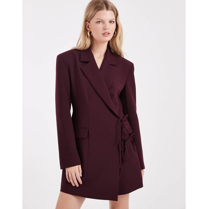 ASOS DESIGN wrap front blazer dress with tie side in plum-Red
