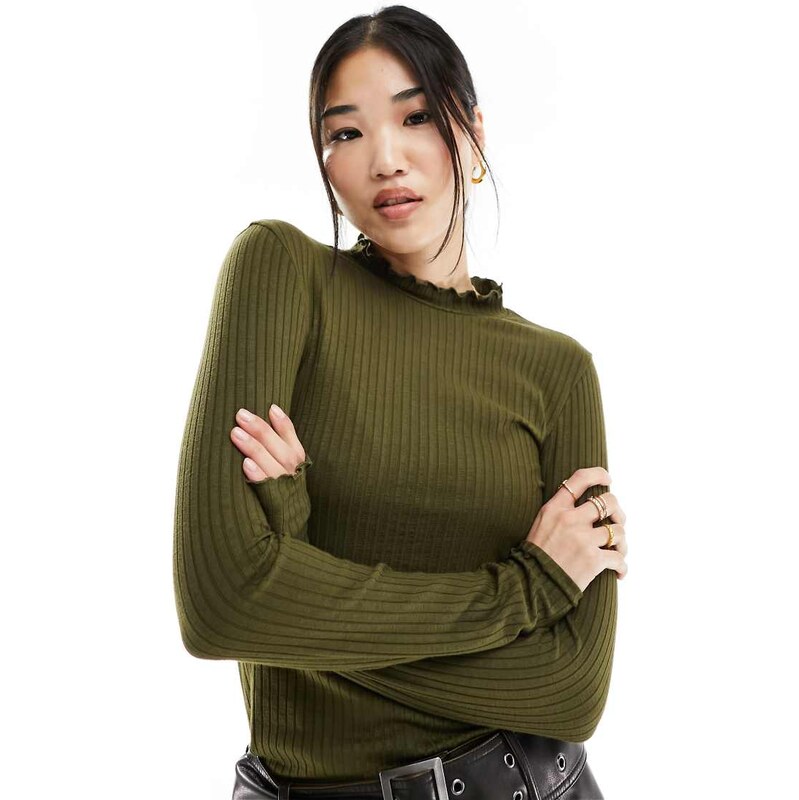 JDY high neck lettuce edge top in khaki-Green 115509688