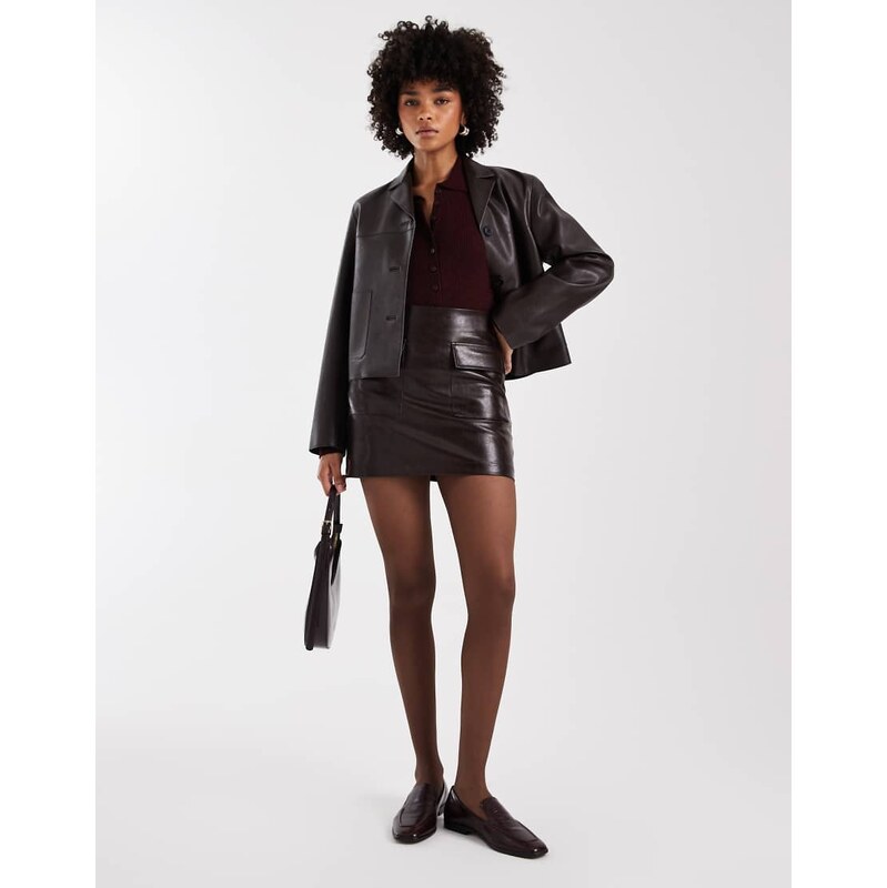 New Look cracked faux leather mini skirt in brown