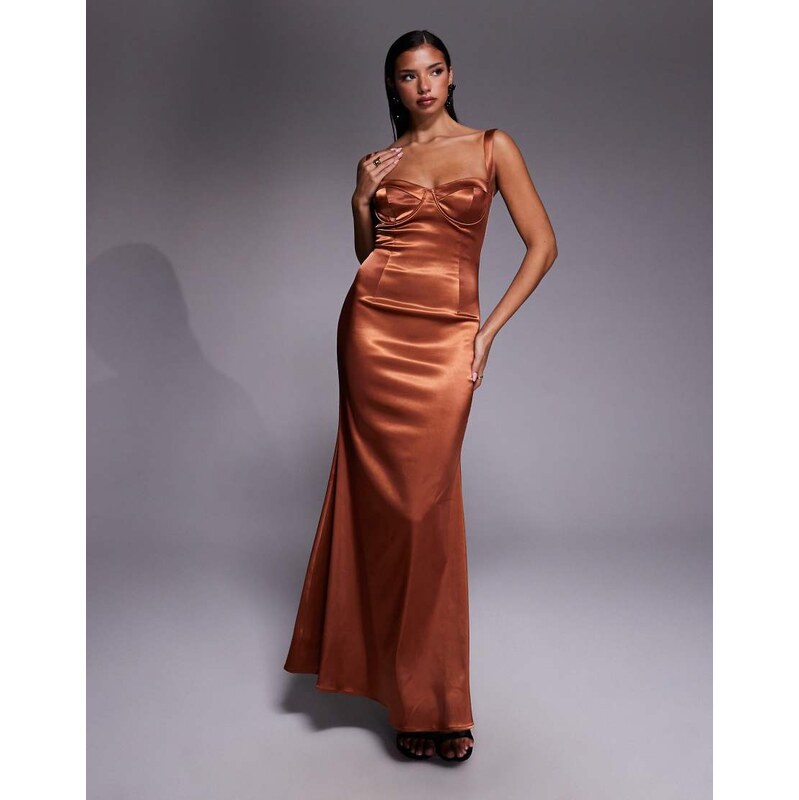 TFNC satin sweetheart neck cup detail maxi dress in rust-Brown 115657536