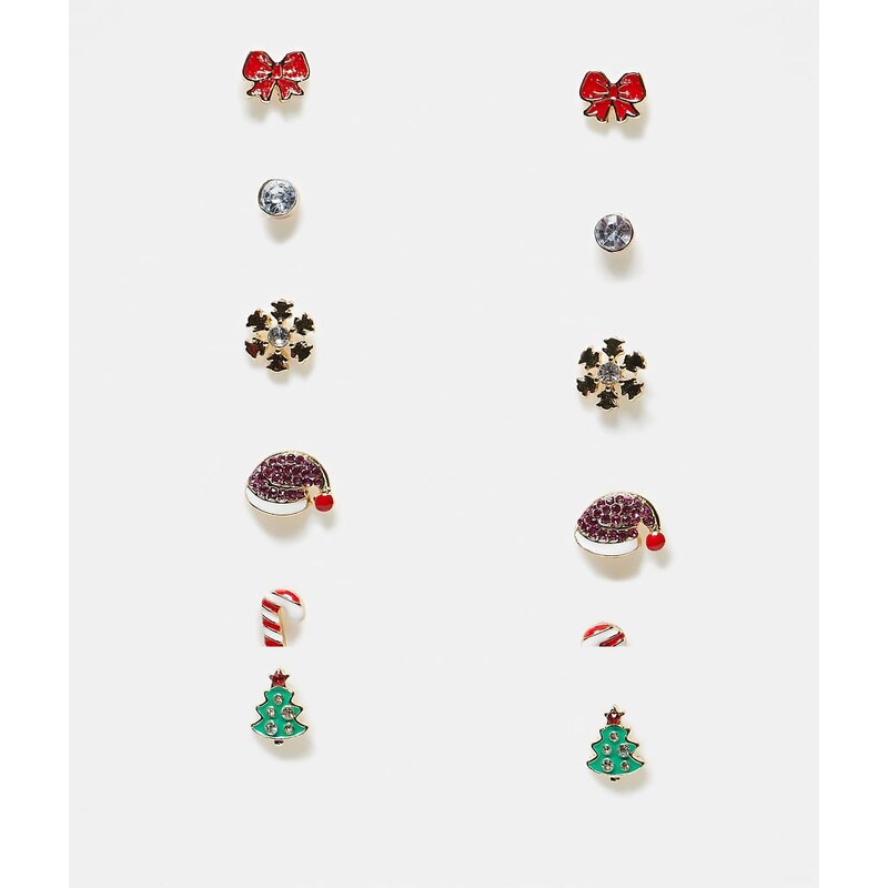 Pieces Christmas 6 pack festive earrings in multi-Gold 110827317