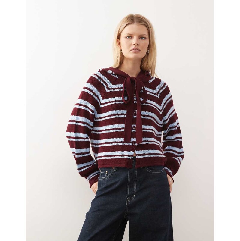 COLLUSION stripe cardi with hood scarf detail in burgundy stripe-Brown 110827488
