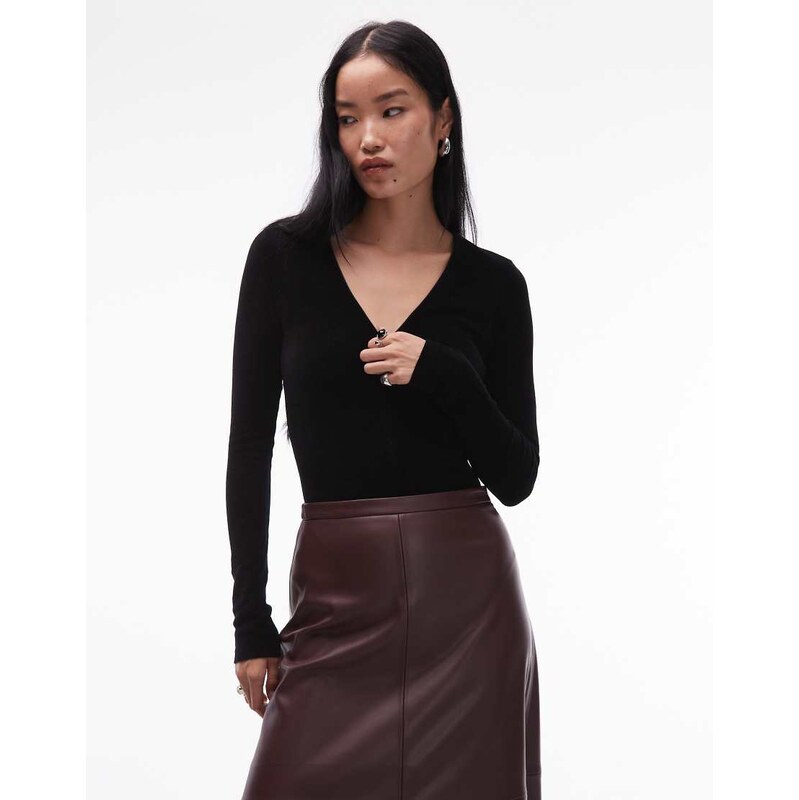 ARKET pure velvet deep v-neck long sleeve bodysuit in black 110827549