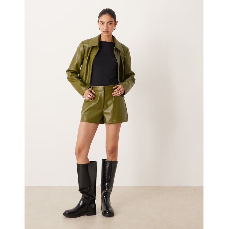 ASOS DESIGN tailored faux leather high waisted shorts co-ord in olive-Green