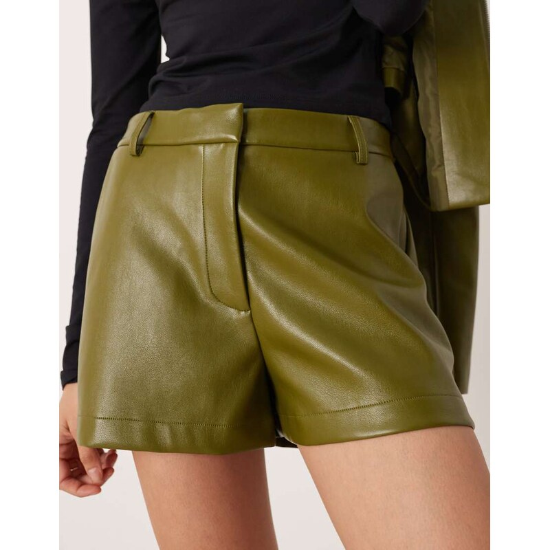 ASOS DESIGN tailored faux leather high waisted shorts co-ord in olive-Green