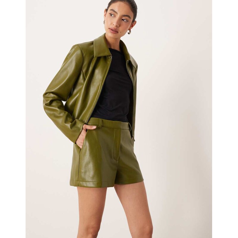ASOS DESIGN tailored faux leather high waisted shorts co-ord in olive-Green