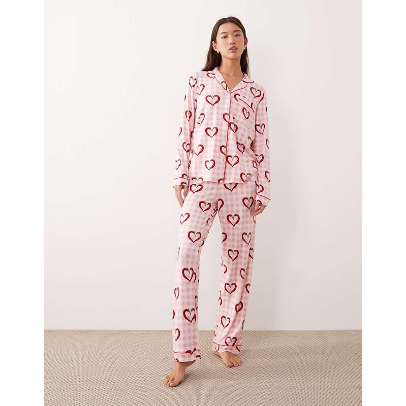 Chelsea Peers long pyjama set in chilli hearts and pink gingham print 111071614