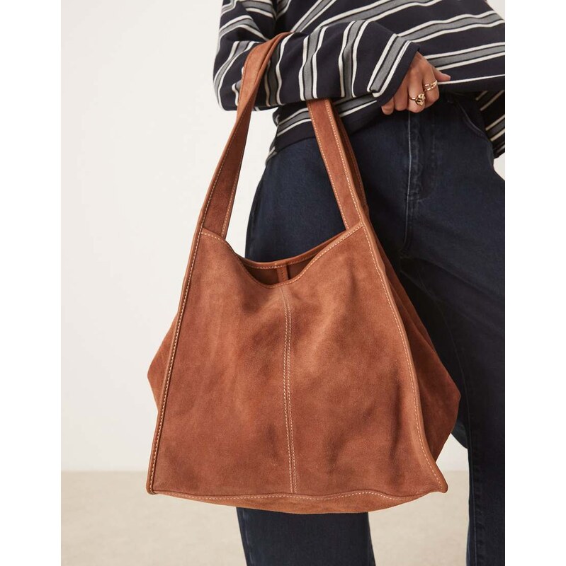 Becksondergaard laurel suede tote bag with contrast stitch in brown 110827194