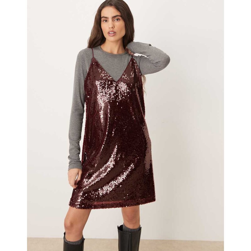 JJXX sequin mini dress in burgundy-Red