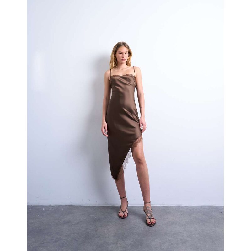 Topshop satin asymmetric lace trim midi slip dress in chocolate