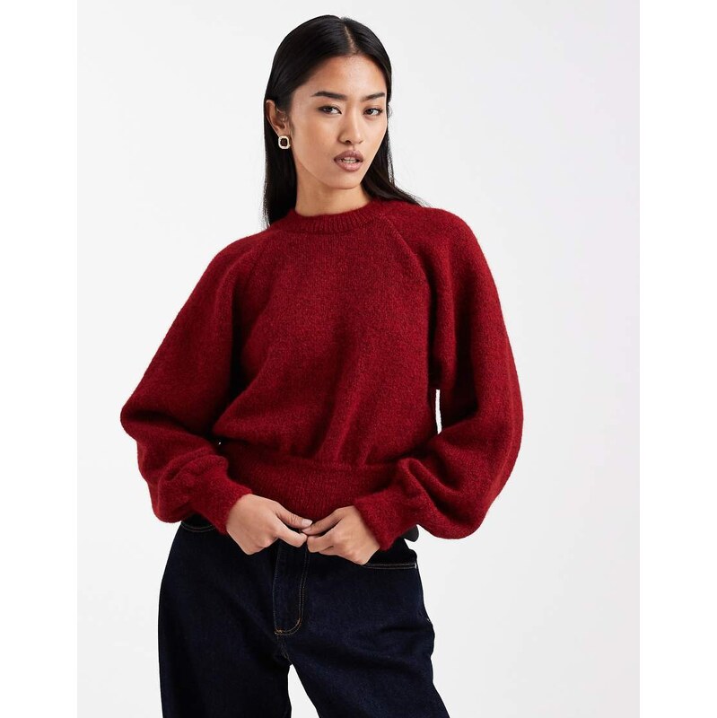 ASOS DESIGN fluffy crew neck jumper with raglan detail in dark