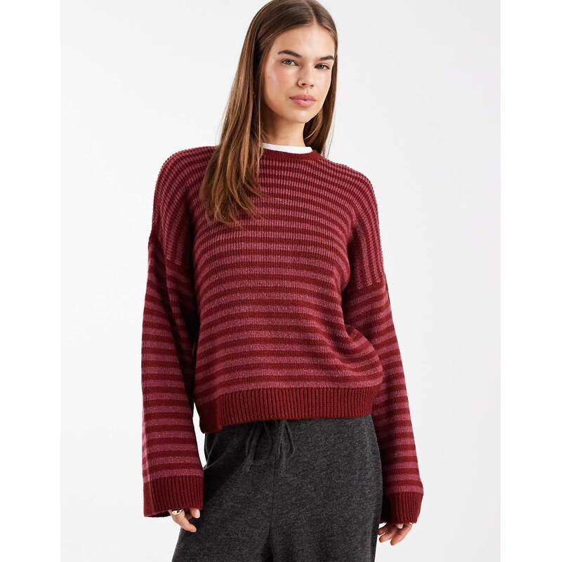ASOS DESIGN oversized jumper in burgundy stripe-Red