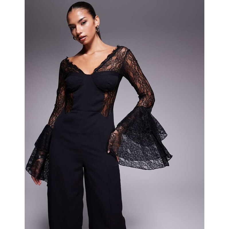 ASOS DESIGN corset detail jumpsuit with lace ruffle sleeves in