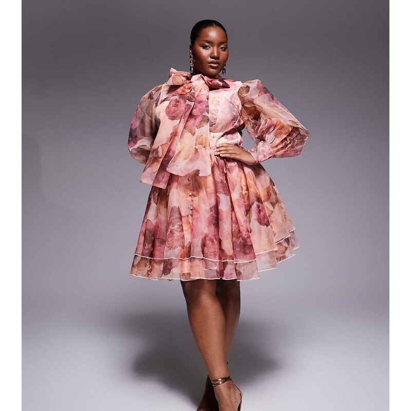 ASOS LUXE Curve organza swing dress with pussybow in pink floral print 112341420