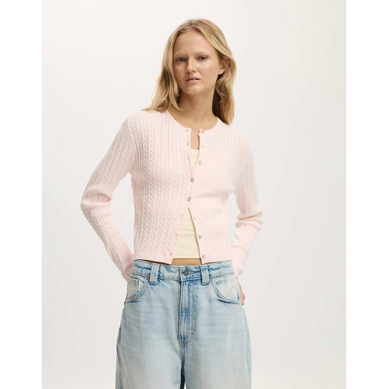 Cotton On cable crew neck cardigan in pale pink