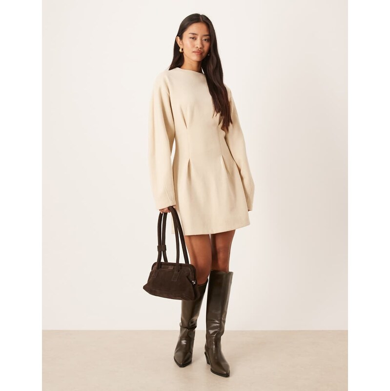 ASOS DESIGN supersoft cinched waist mini dress in beige-No