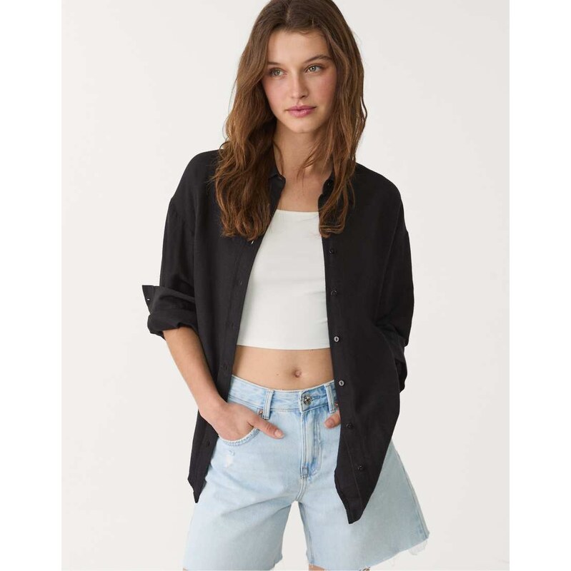 Stradivarius Linen blend shirt in black 114708835