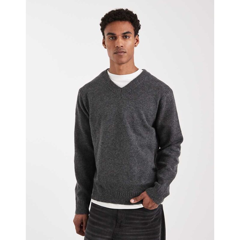 ONLY & SONS brushed knit v neck jumper in dark grey-Black
