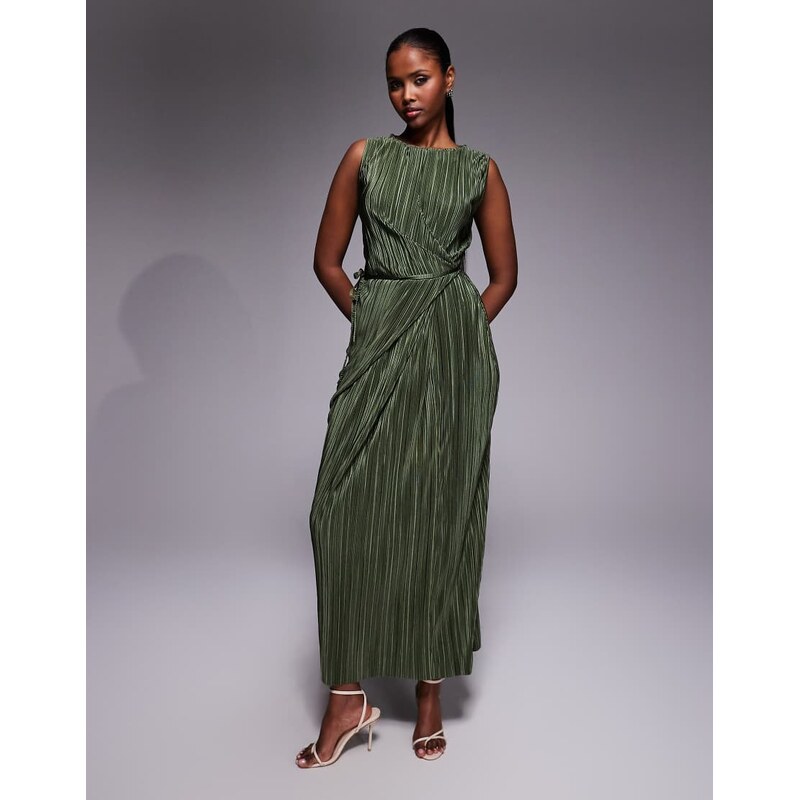 ASOS DESIGN plisse sleeveless wrap tie front maxi dress in khaki