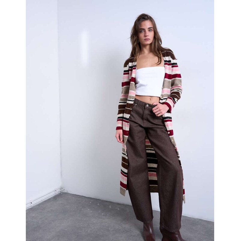 Topshop knitted longline stripe cardigan in multi