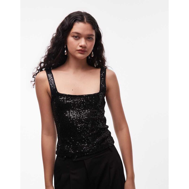ASOS DESIGN allover sequin square neck top in black