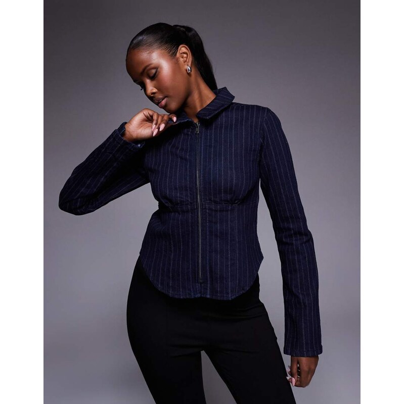 ASOS DESIGN denim collar shirt with double ended zip co-ord in