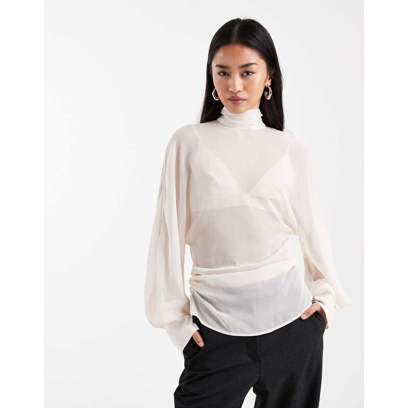 ASOS DESIGN chiffon batwing high neck blouse in cream-White